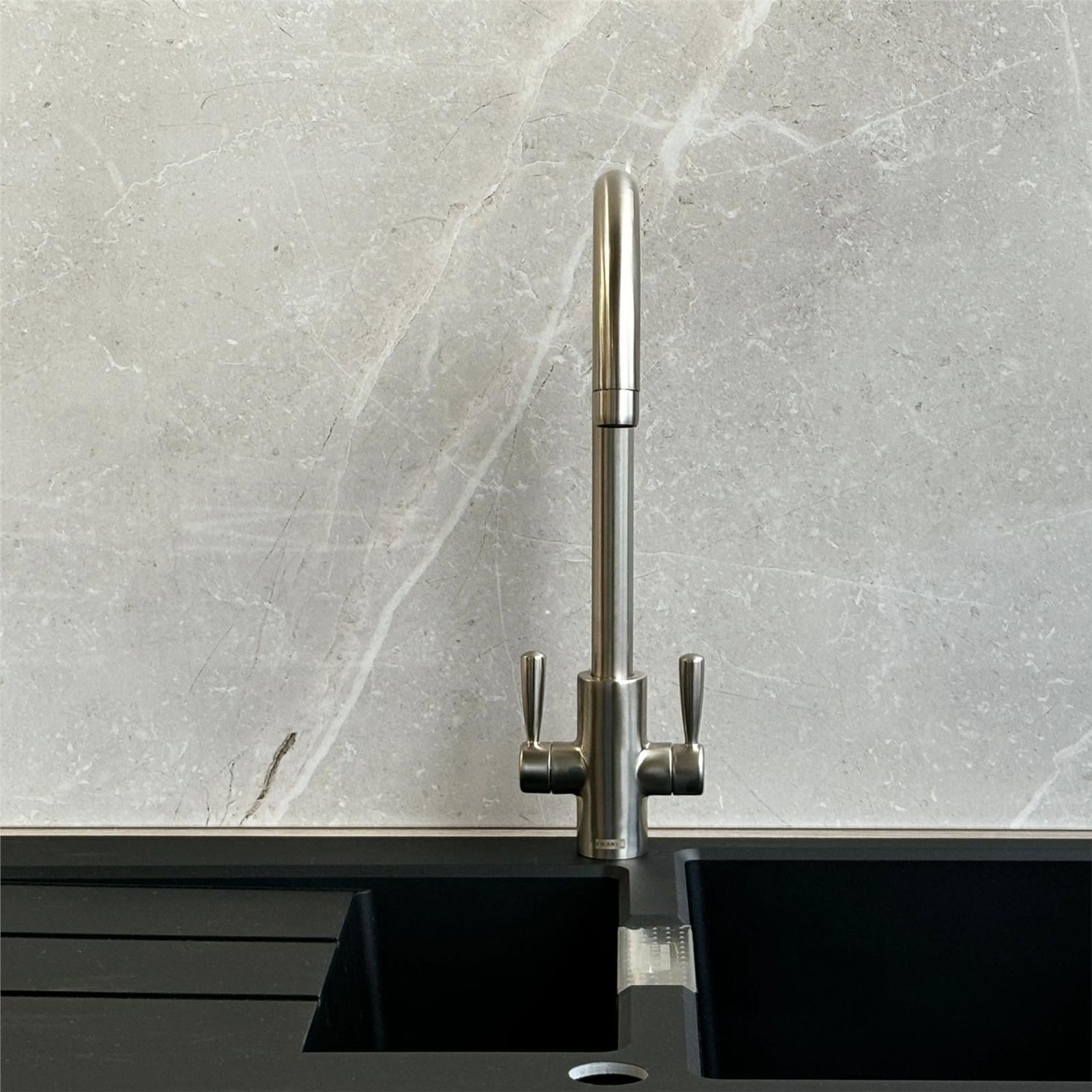 Franke Ascona Swan Neck Swivel Spout Twin Lever Silk Steel Mixer Kitchen Tap